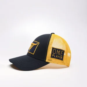 Unisex Blue & Yellow Trucker cap, has a visor by One Player - Image 3